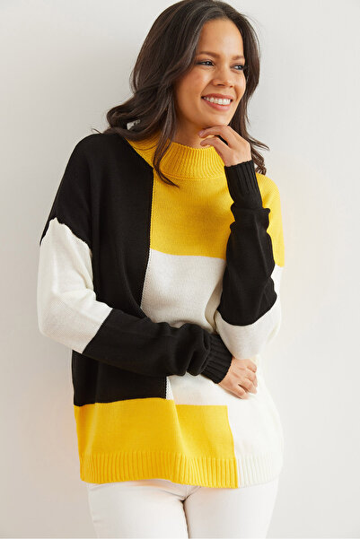 Olalook Women's Yellow and Black Blocks Knitwear Sweater - Kzk- 19000821