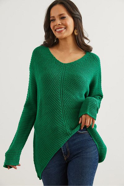 Olalook Green V-Neck Plaited Braided Thessaloniki Women's Sweater - Kzk- 19000867