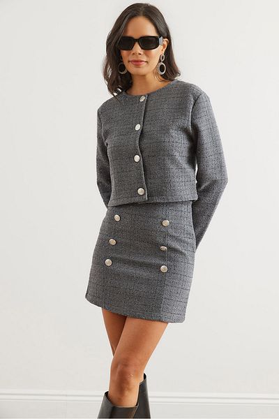 Olalook Smoked Button Detaillierter Rock-Jackenanzug für Damen TKM- 19000316