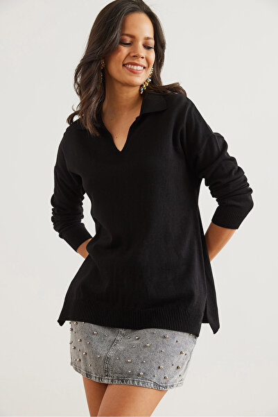 Olalook Women's Black Polo Neck Basic Knitwear Sweater Kzk- 19000871