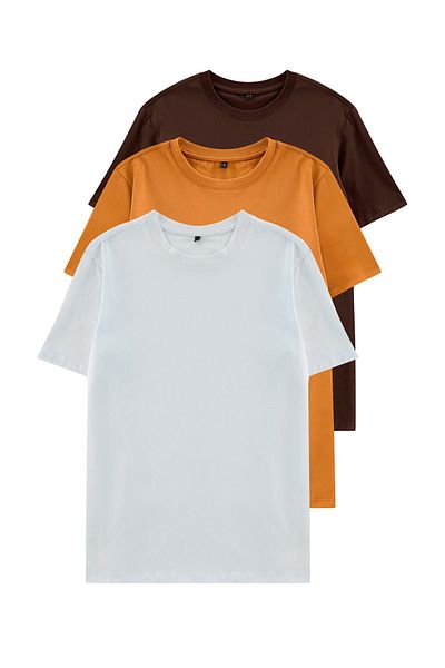 Trendyol Collection Σκούρο καφέ-πορτοκαλί-εκρού Σετ 3 100% βαμβακερό μπλουζάκι με λαιμόκοψη - TMNSS19BO0007