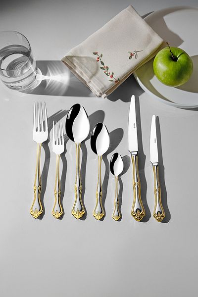 Nehir Lalezar Gold Satin 12-Person 84-Piece Leather Boxed Cutlery Set