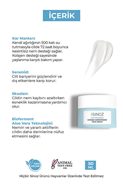 SİNOZ Water Based 72 Hour Intensive Moisturizing Face Care Cream 50 ml