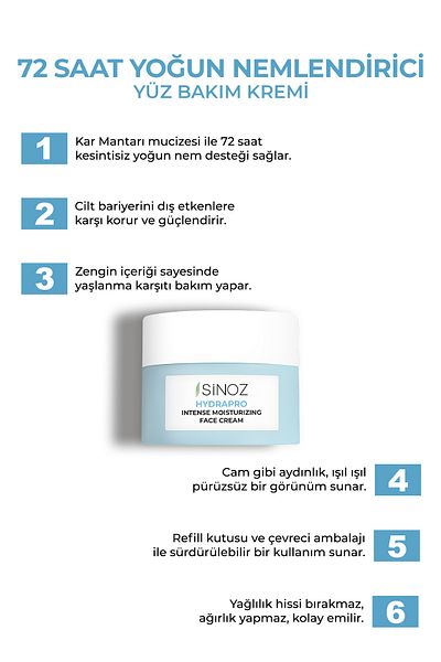 SİNOZ Hydrapro Intensive feuchtigkeitsspendende Gesichtspflegecreme auf Wasserbasis (WITH BLACK MANTHERY) 50 ml