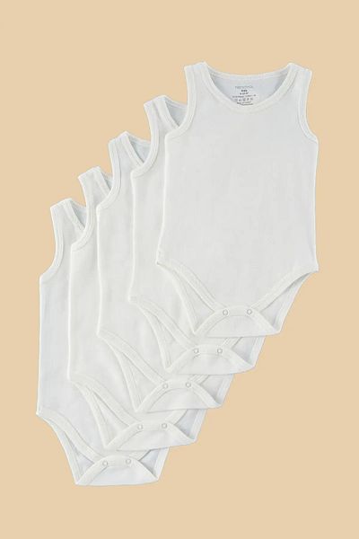 TRENDYOLKIDS White 5-Piece Unisex Baby 100% Cotton Regular/Normal Fit Sleeveless Snap Fastener Bodysuit Tkdaw25Zo00000