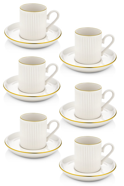 Kitchen Life Özel Tasarım Porselen Altın 12 Parça 6 Kişilik Çizgili Kahve Fincan Takımı 100 ml - Kahve Fincanı