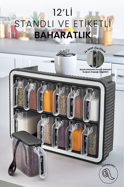 NESS HOME 12-Piece Spice Rack Set with Self-Adhesive Lid and Spoon, Handle, Unbreakable Chamber, Lightweight Stand