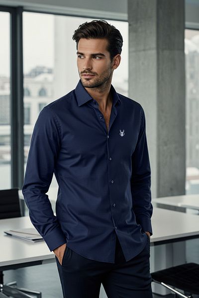 Trendyol Collection Marineblaues, schmal geschnittenes, besticktes, leicht bügelbares Smart-Shirt TMNSS24GO00062