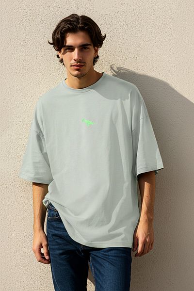 Trendyol Collection Graues, übergroßes Kurzarm-T-Shirt mit Dinosaurier-Stickerei – 100 % TMNSS23TS00243