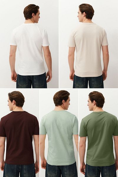 Trendyol Collection 5 db-os csomag menta-khaki-barna - 100% talajszövet Slim Fit póló TMNAW20TS0243