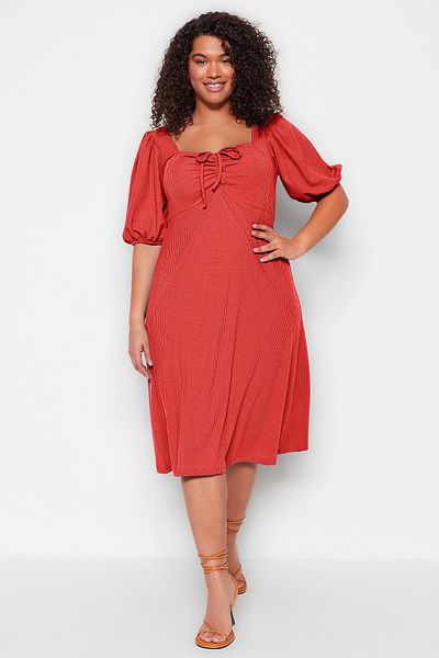 Trendyol Curve Plus Size Pink Bow Detail A-Line Knitted Dress - Tbbss23Ah00118