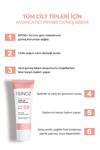 SİNOZ Pink Touch SPF 50 - Růžový opalovací krém na obličej 50 ml, ekvalizér pro rozjasnění pleti