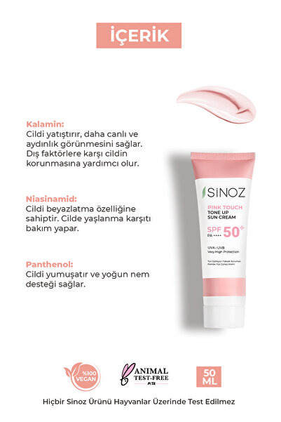 SİNOZ Pink Touch SPF 50 - Pink Facial Sunscreen 50ml, Skin Brightening Tone Equalizer