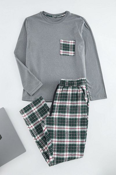 Trendyol Collection Grau-grünes, kariertes, gemustertes, gewebtes Pyjama-Set TMNAW25PT00038