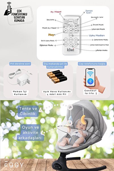 Kiwi EggyOne Elektrikli Otomatik Sallanan Bebek Ana Kucağı, 5 Farklı Sallanma Hızı, Oyuncaklı- Snow