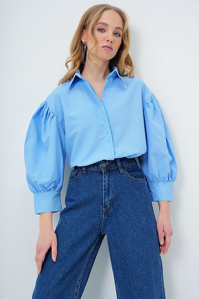Trend Alaçatı Stili Női kék ballon ujjú Basic poplin ing ALC-X9654