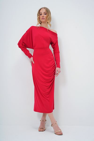 Trend Alaçatı Stili Red Maxi Knitted Dress - Off the Shoulder Cutout, Draped Alc-X12786