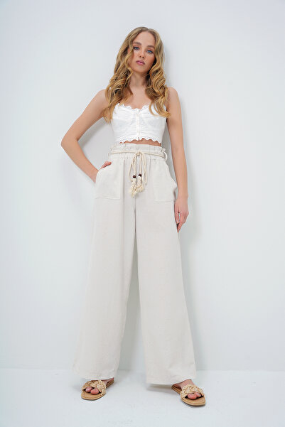 Trend Alaçatı Stili Dámské světle béžové šněrovací plátěné kalhoty Palazzo s dvojitou kapsou ALC-X11504