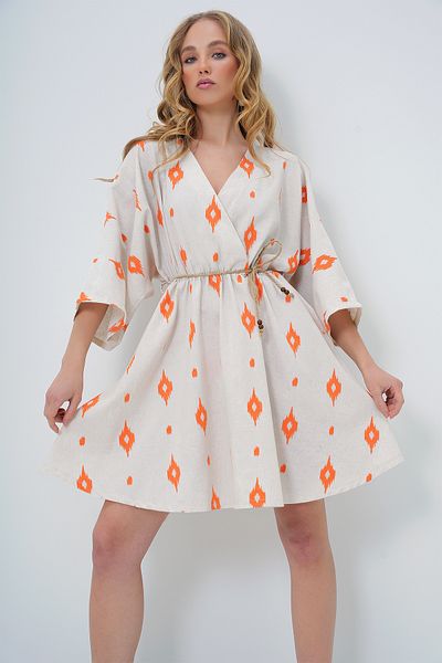 Trend Alaçatı Stili Orange Linen Look Midi Dress - Double Breasted Neckline and Bat Sleeve Alc-X13609
