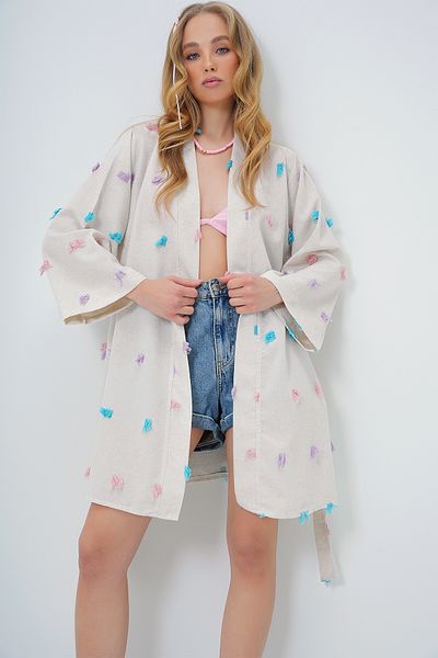 Trend Alaçatı Stili Fliederfarbene Kimono-Jacke in Leinenoptik mit Quasten und Gürtel – ALC-X13618