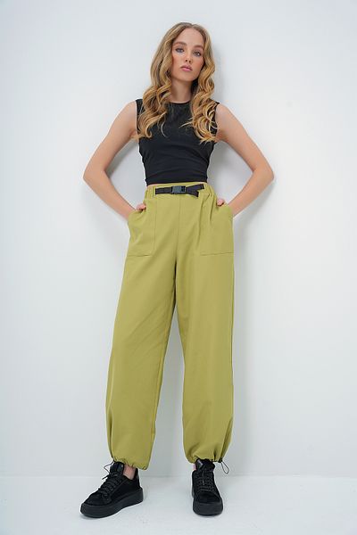 Trend Alaçatı Stili Pantaloni de jogger de vară pentru femei, verde ulei, cu buzunare duble, cu centură elastică ALC-X13627