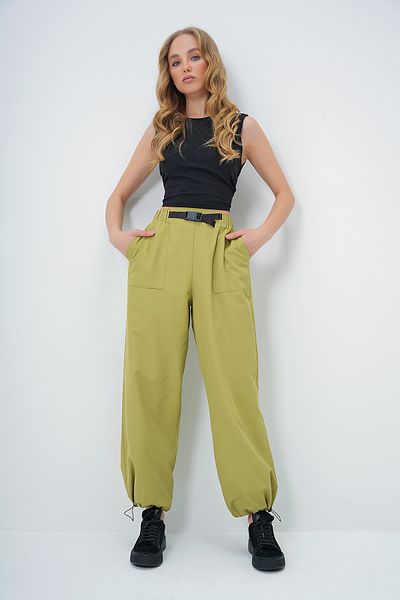 Trend Alaçatı Stili Pantaloni de jogger de vară pentru femei, verde ulei, cu buzunare duble, cu centură elastică ALC-X13627