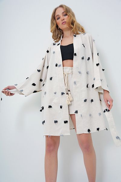 Trend Alaçatı Stili Women's Black Linen Look Tassel Detail Waist Belted Kimono Jacket Alc-X13618