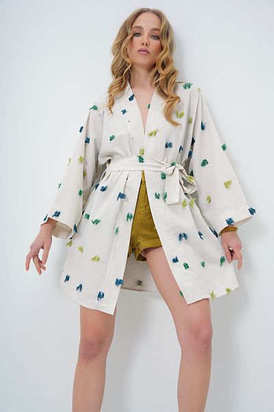 Trend Alaçatı Stili Grüne Leinen-Kimonojacke – Quasten-Detail und Taillengürtel ALC-X13618
