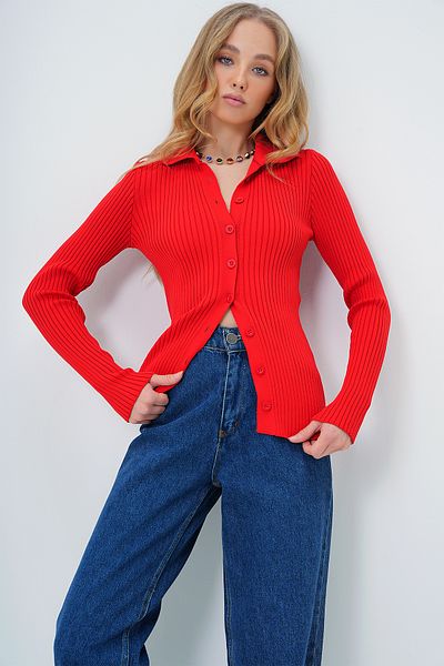 Trend Alaçatı Stili Women's Red Polo Neck Buttoned Sweater Alc-X11368