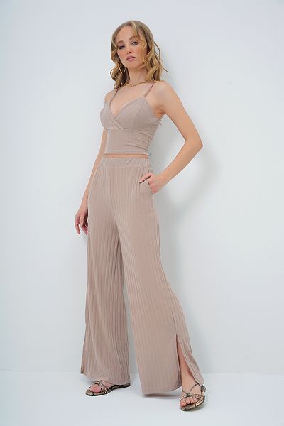 Trend Alaçatı Stili Beige Double Breasted Bustier and Split Palazzo Pants Set - Adjustable String Strap Alc-X13577