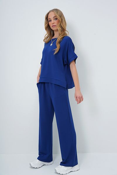Trend Alaçatı Stili Navy Blue Half Sleeve Split Blouse and Pants Set with Pockets - Alc-X13572