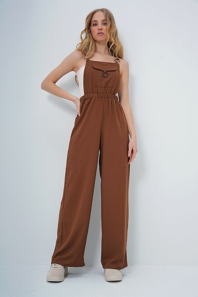 Trend Alaçatı Stili Bitterbraune Aerobin-Salopet-Hose für Damen mit Vordertasche und Ringdetails ALC-X13581