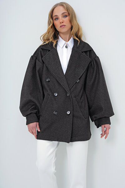 Trend Alaçatı Stili Dámský antracitový dvouřadý kabát s balonovým rukávem ALC-X10913