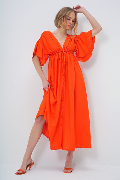 Trend Alaçatı Stili Orange V-Neck Low-Cut Back Tie-Detailed Poplin Summer Dress with Buttons, Alc-X13582