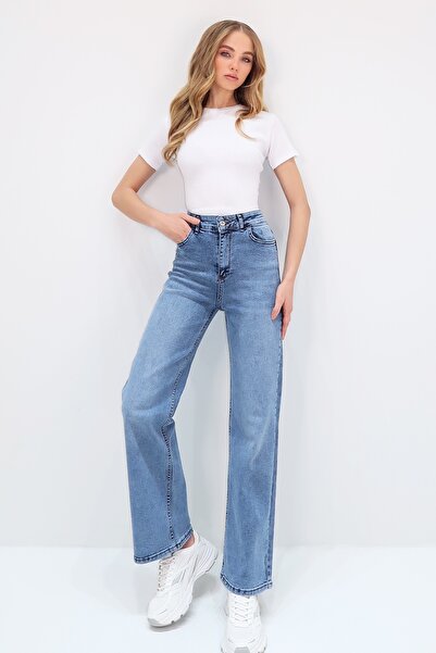 Trend Alaçatı Stili Női kék magas derekú mosható széles szárú farmer nadrág ALC-X13501