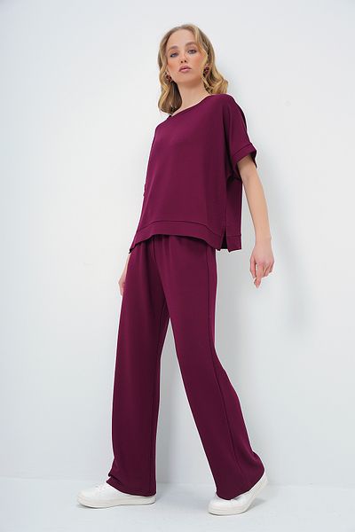 Trend Alaçatı Stili Burgundy Boat Neck Split Blouse and Pants Set with Pockets - Alc-X13572