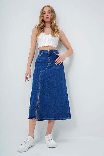 Trend Alaçatı Stili Fusta de damă, albastru închis, cu fante, cu lungime midi, ALC-X13174