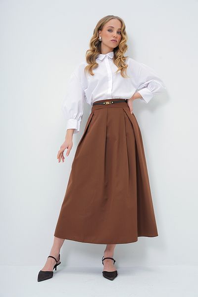 Trend Alaçatı Stili Brauner, plissierter Maxirock mit Reißverschluss und Gürtel für Damen ALC-X13524