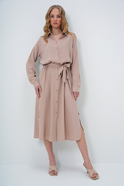 Trend Alaçatı Stili Μπεζ πουκάμισο βισκόζης φόρεμα - Γυναικείο ALC-X13519