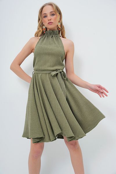 Trend Alaçatı Stili Khakifarbenes, ausgestelltes Kleid mit Kordelzug und Gürtel für Damen ALC-771-001