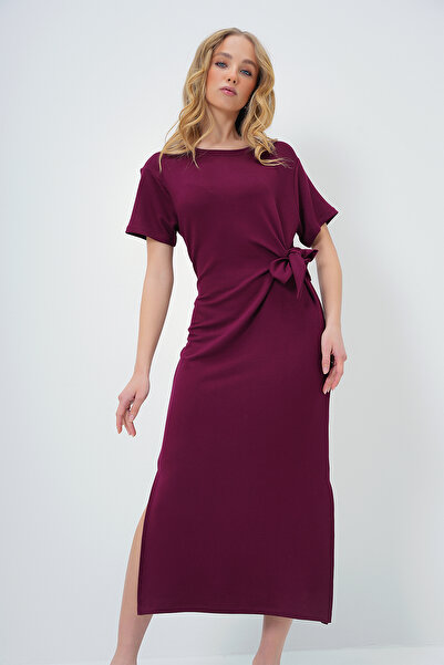Trend Alaçatı Stili Bordové letné pletené šaty s výstrihom a šnurovaním s krátkym rukávom – Alc-X13573