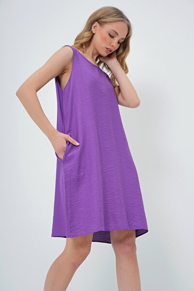 Trend Alaçatı Stili Women's Purple U Neck Zero Sleeve Double Pocket Aerobin Summer Dress Alc-X13575