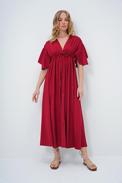 Trend Alaçatı Stili Women's Burgundy V-Neck Low-Cut Back Lacing Detail Buttoned Front Summer Poplin Dress Alc-X13582