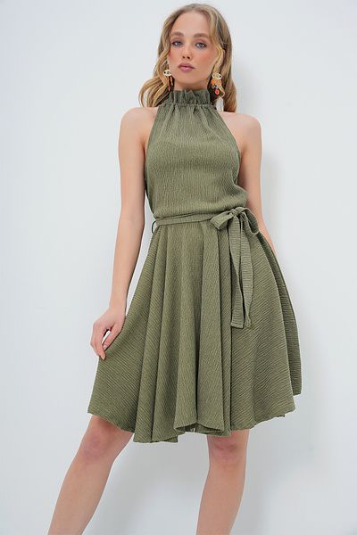 Trend Alaçatı Stili Khakifarbenes, ausgestelltes Kleid mit Kordelzug und Gürtel für Damen ALC-771-001
