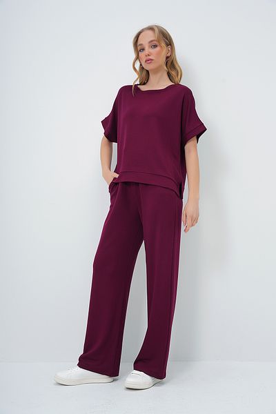 Trend Alaçatı Stili Burgundy Boat Neck Split Blouse and Pants Set with Pockets - Alc-X13572
