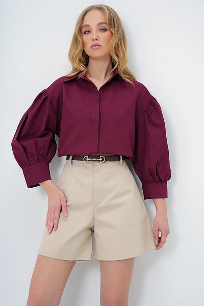 Trend Alaçatı Stili Burgunderrote Basic-Popeline-Hemden mit Ballonärmeln und versteckter Knopfleiste für Damen ALC-X9654