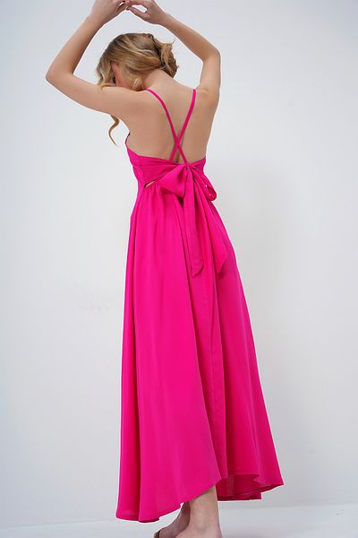 Trend Alaçatı Stili Damen-Sommerkleid in Maxi-Länge in Fuchsia mit Seilträgern und Bindedetail auf der Rückseite ALC-X13471
