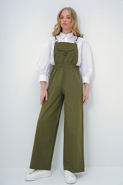 Trend Alaçatı Stili Khakifarbene Aerobin-Salopet-Hose für Damen mit Vordertaschen, Hosenträgern und Ringdetails ALC-X13581