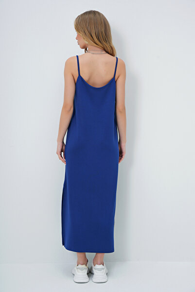 Trend Alaçatı Stili Dámské námořnicky modré letní pletené šaty s provazovým páskem s rozparkem Alc-X13570