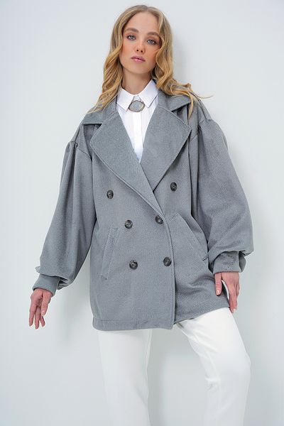 Trend Alaçatı Stili Women's Gray Double Breasted Lapel Balloon Sleeve Cashew Coat Alc-X10913